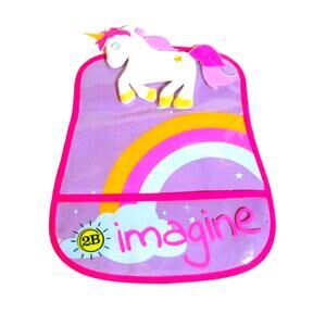 2B Unicorn Car Seat Travel Bib Rainbow Vinyl Front with Crumb Catcher 7x9 inches